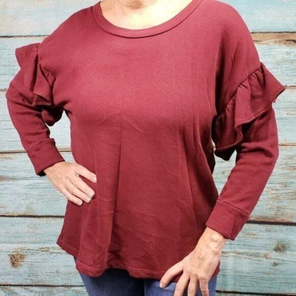 CURRENT ELLIOT Burgundy Ruffled Sleeve Sweatshirt Comfy Lightweight Size M NWOT - Picture 5 of 7